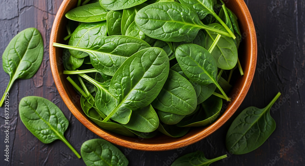 Fresh spinach leaves in a rustic wooden bowl on a dark textured surface. Organic, healthy, and green vegetables ideal for clean eating, vegan recipes, or healthy lifestyle content. Fresh spinach leaves in a rustic wooden bowl on a dark textured surface. Organic, healthy, and green vegetables ideal for clean eating, vegan recipes, or healthy lifestyle content.