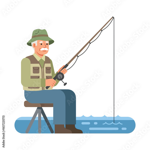 An elderly man with a fishing rod sits patiently by the water.