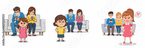 Cartoon Frustrated Little Girl Upset with Parents Ignoring Her Illustration