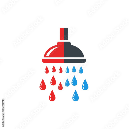 Stylized icon of a shower head with red hot and blue cold water droplets falling, symbolizing temperature control.