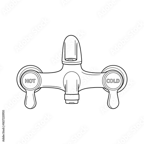 Detailed black and white illustration of a bathroom faucet with hot and cold water controls.
