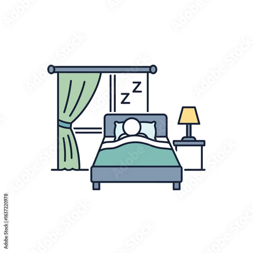 A simplified illustration of a person sleeping soundly in a bed next to a window and a nightstand with a lamp.