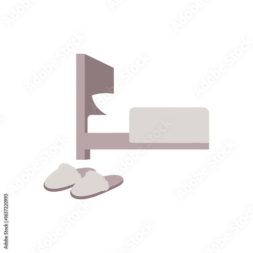 A minimalist illustration of a bed with a headboard and a pair of cozy slippers on the floor.