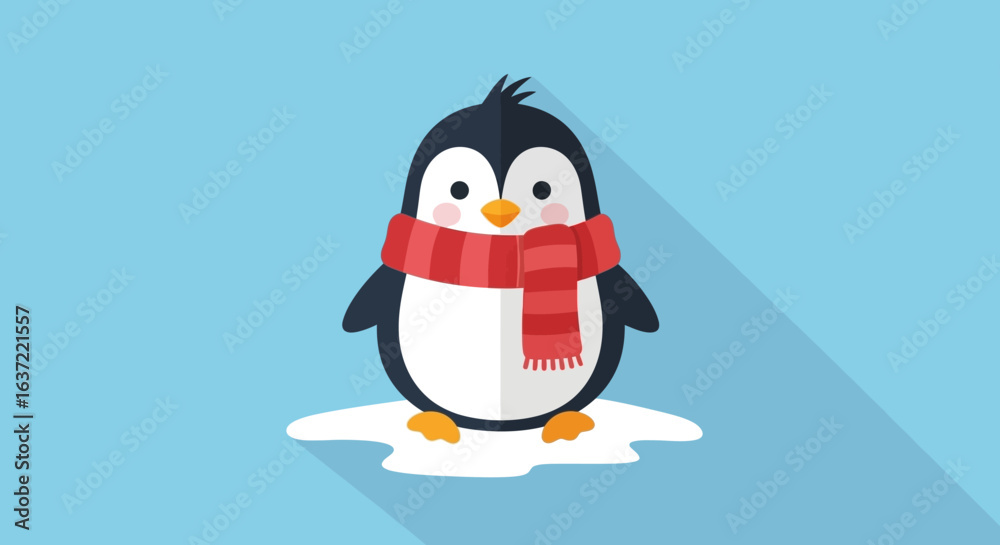 Naklejka premium A cute, cartoonish penguin wearing a red striped scarf stands on a small patch of ice against a light blue background with a long shadow.