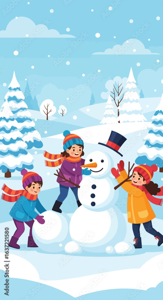Fototapeta premium Three happy children building a snowman in a snowy winter landscape with pine trees and falling snow.