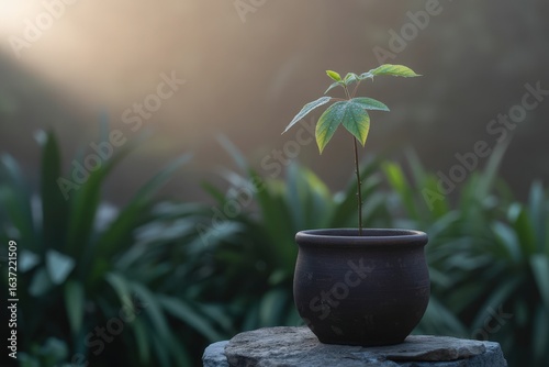 Young seedling in a dark pot bathed in soft sunlight