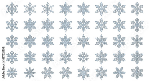 A collection of intricate, delicate snowflake patterns displayed in a grid formation against a clean white background, showcasing diverse crystalline designs.
