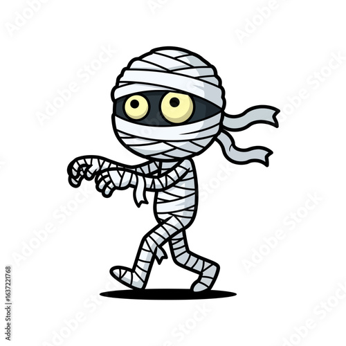 Cartoon illustration of a walking mummy figure wrapped in bandages against a white background.
