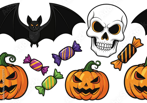 A festive Halloween border featuring carved pumpkins, a spooky bat, a grinning skull, and colorful candies.