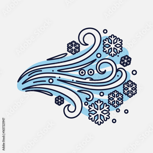 A stylized illustration of a cold winter wind blowing with swirling gusts and snowflakes.