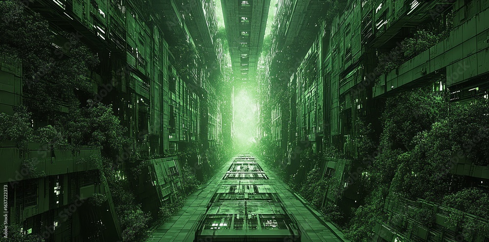 Obraz premium Overgrown Futuristic City Tunnel with Green Light