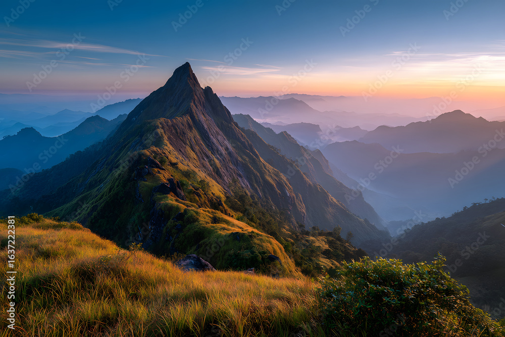 Fototapeta premium Sunset panorama of a majestic mountain peak in Southeast Asia