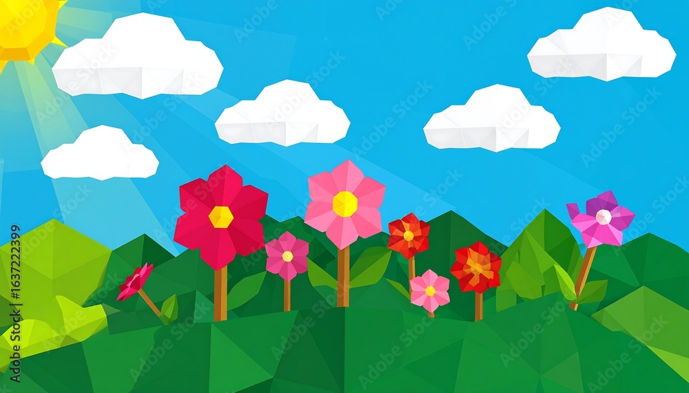Fototapeta premium Colorful polygonal landscape with flowers