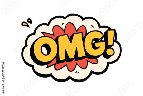 A colorful comic book illustration featuring a large blue cloud with the word "OMG!" written isolated on white background