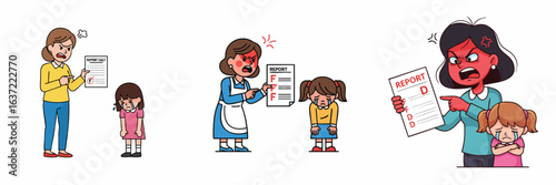 Cartoon Illustration of Angry Mother Scolding Her Daughter with Report Card