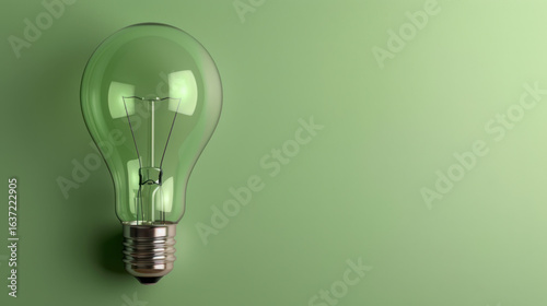 Clear lightbulb with metallic base is positioned against soft pastel green background, creating serene and modern aesthetic. bulb transparent design allows for glimpse of filament inside