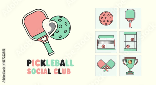 Hand drawn pickleball paddle sport icon pack with pastel color blocks, trophy, court, and ball graphics for branding, infographics, and social media use                                                