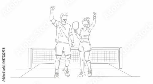 Hand drawn pickleball paddle players celebrating at the net, minimal line art sportsmanship moment for instructional materials, posters, and club branding                                              