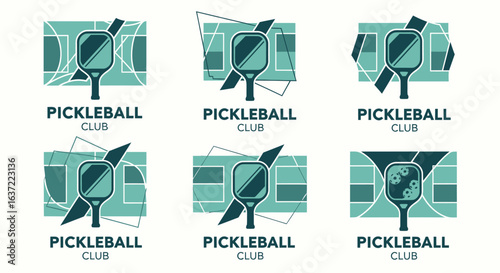 Hand drawn pickleball paddle club court icon set, modern branding pack for events, merchandise, and promotional use                                                                                     