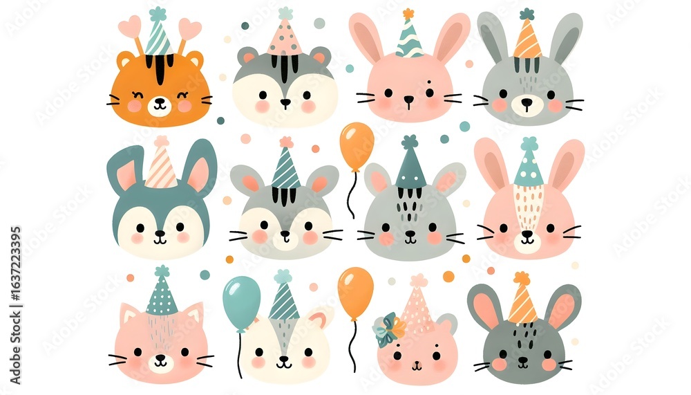 Naklejka premium Set of cute cartoon animal heads with birthday hats in pastel colors arranged in modern flat vector style on white background