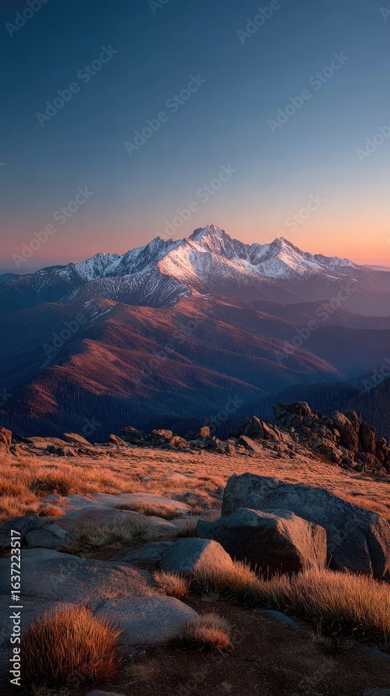 Obraz premium Mountain vista at dawn. Sunrise over snow-capped peaks