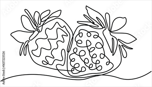 Vector illustration with continuous line drawing Strawberries, Single continuous line drawing of organic strawberry for fruit icon fresh berries fruitage concept, One continuous line drawing.