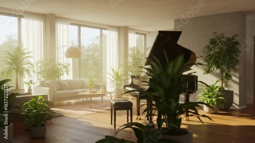 Bright living room filled with plants and a grand piano under natural light from large windows inside home