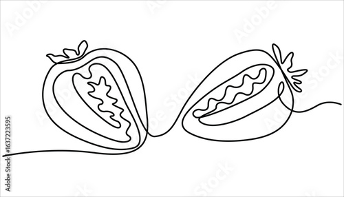 Vector illustration with continuous line drawing Strawberries, Single continuous line drawing of organic strawberry for fruit icon fresh berries fruitage concept, One continuous line drawing.
