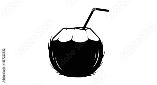 Black Silhouette Icon of a Coconut Drink with Straw