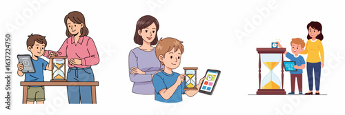 Cartoon Handdrawn Mother Supervising Child's Screen Time with Hourglass Illustration