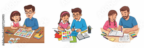 Cartoon Family Time Illustration with Father Daughter Doing Activities Together