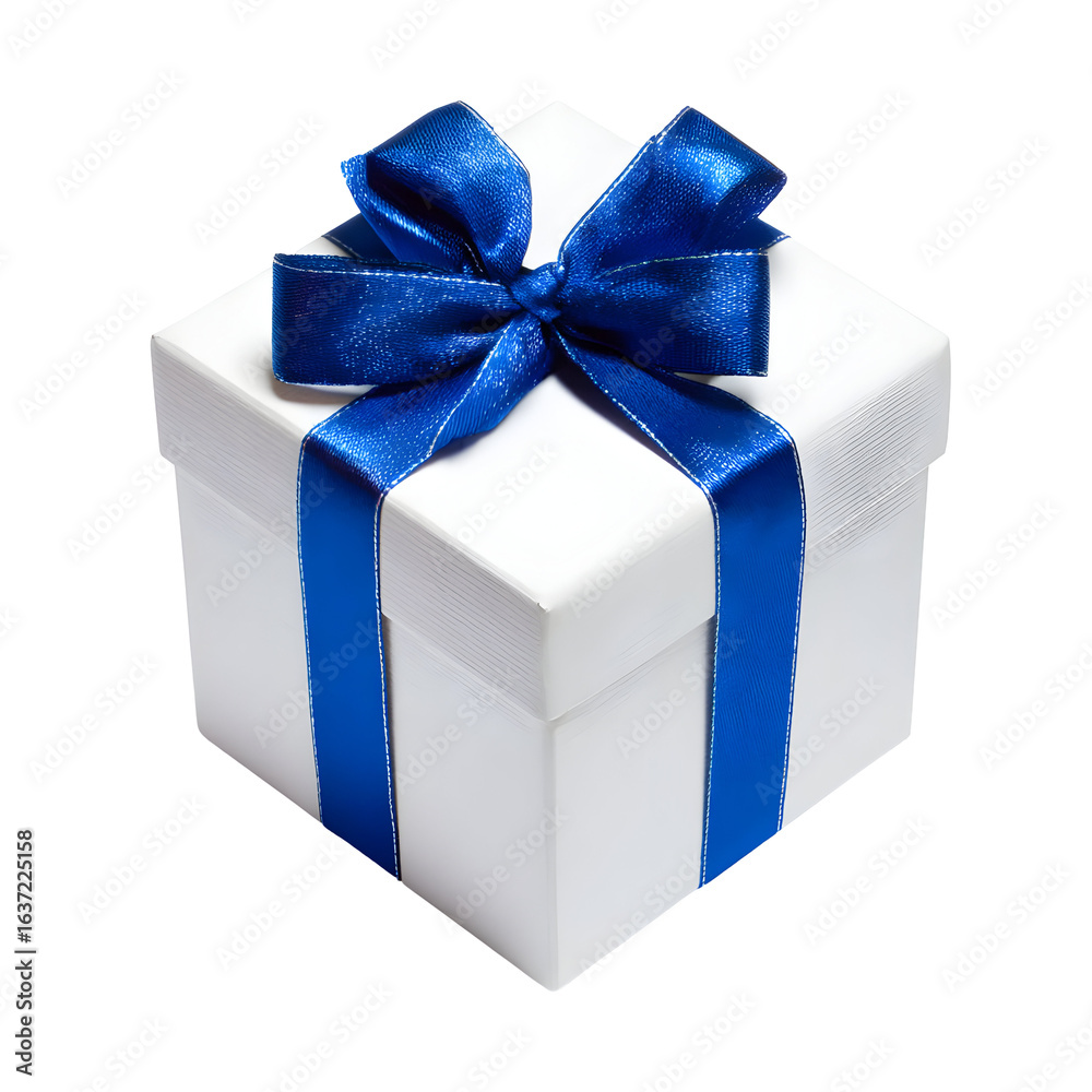 Fototapeta premium White gift box with blue ribbon