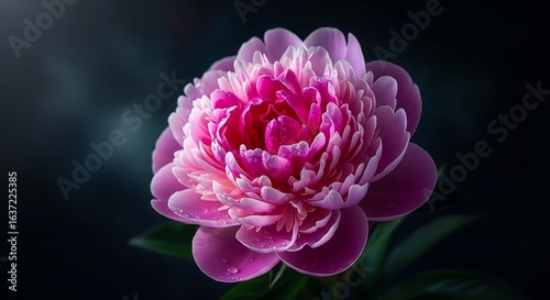 A vibrant pink peony flower with layered petals, beautifully illuminated against a dark, soft-focus background. Dewdrops add a touch of freshness.