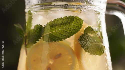 Close up of a pitcher filled with lemonade garnished with lemon slices and fresh mint leaves
