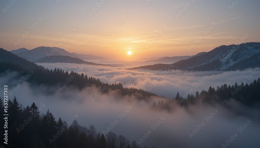 Fototapeta premium Misty mountains under soft golden sunrise, peaceful atmosphere