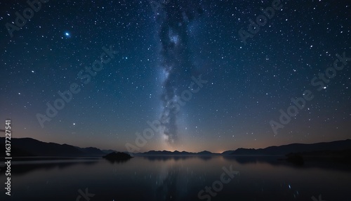 Starry night sky above calm lake reflection, wide composition