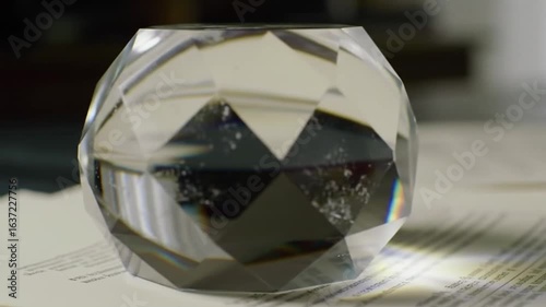 Close up of a multifaceted clear glass object sitting on top of a sheet of printed paper