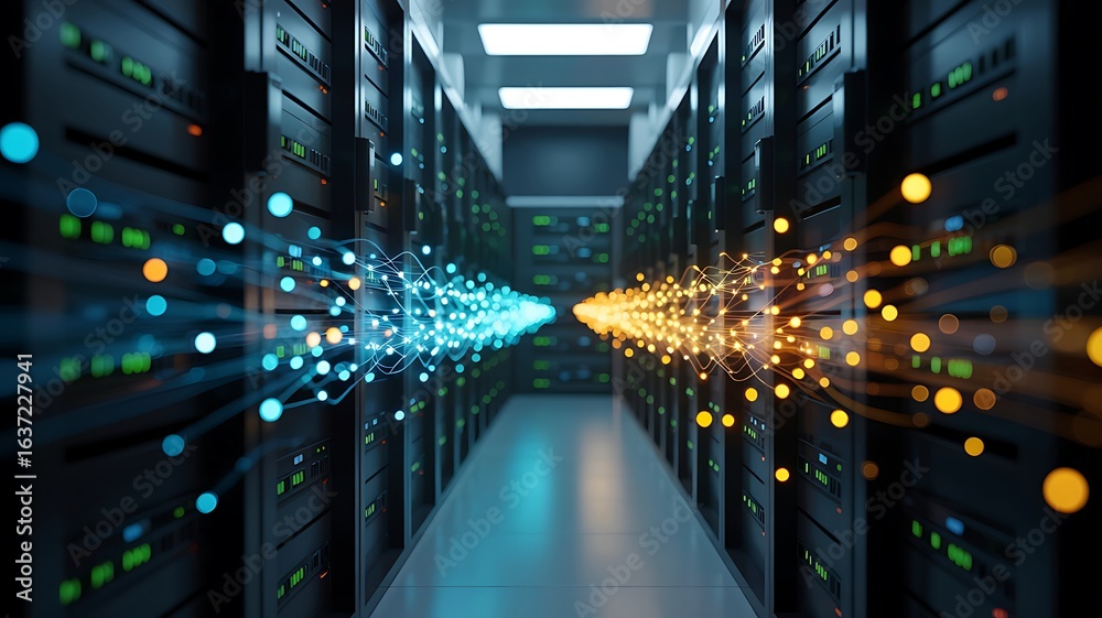 Fototapeta premium Modern data center aisle with glowing blue and orange data streams converging in the center creating a vibrant technological connection