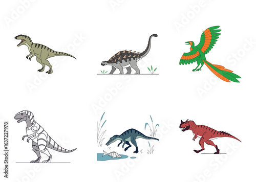 Cartoon Illustration of Various Dinosaurs and Prehistoric Bird in Different Settings
