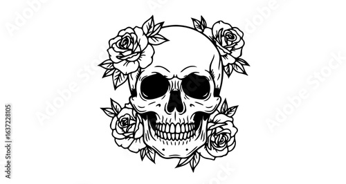 Skull with roses vector art illustration death and beauty concept tattoo design halloween graphic black and white art