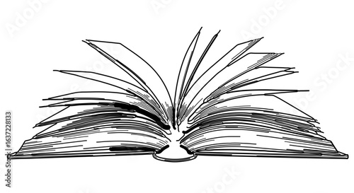Open book illustration for reading and education resources with detailed line art and vintage style design