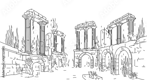 Ancient ruins drawing of roman architecture with columns and arches in detailed line art vector design