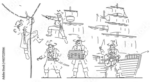 Pirate ship crew illustration with treasure chest and captain at the helm black and white line art drawing