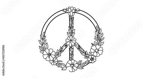Floral peace sign outline drawing vector illustration for hippie and bohemian design and decoration art