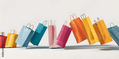 Colorful Shopping Spree: An array of vibrant shopping bags in various colors, artfully arranged to convey the thrill and excitement of retail therapy, reflecting a sense of consumerism.