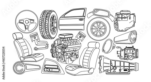 Automotive car parts vector illustration for vehicle maintenance and repair services and auto spare parts shop