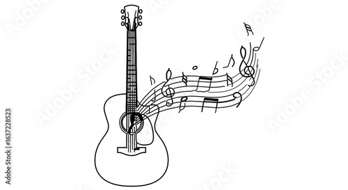 Acoustic guitar illustration with musical notes for music lessons and song writing and guitar instruction