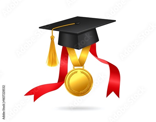 Graduation cap and gold medal