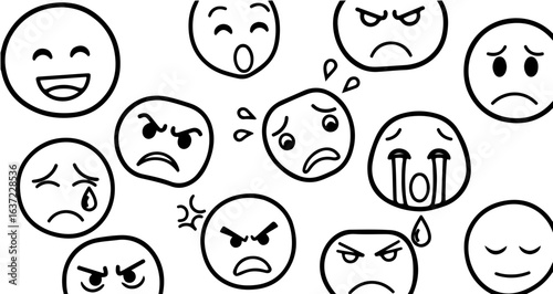 Emotions faces expressions vector set doodle style for social media and psychology content design element