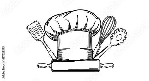 Chef hat with cooking utensils and rolling pin vector illustration for culinary design and bakery concept